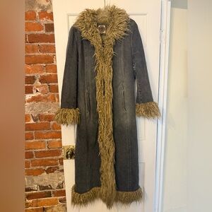 90s Giacca denim penny lane Trench Coat with Faux Fur Trim
